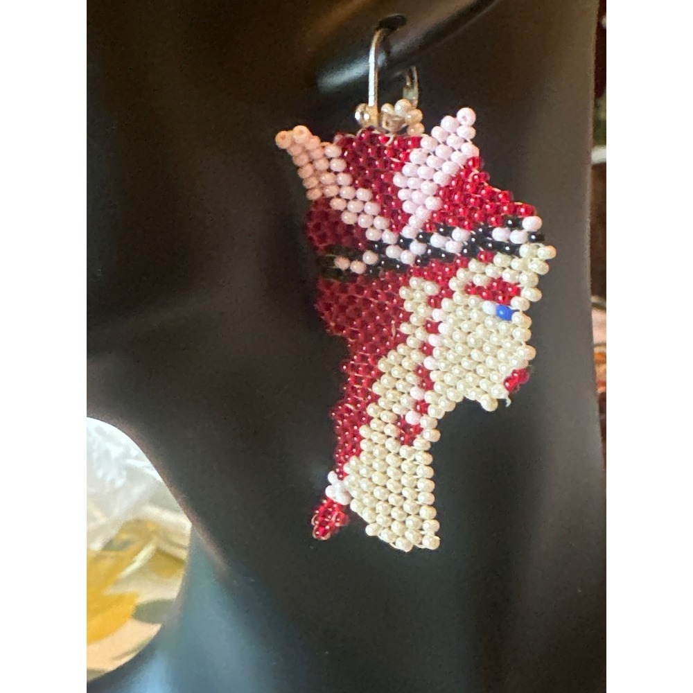 Handmade Beaded Woman in Hat Profile Drop Earrings Red White Pink Lever Back